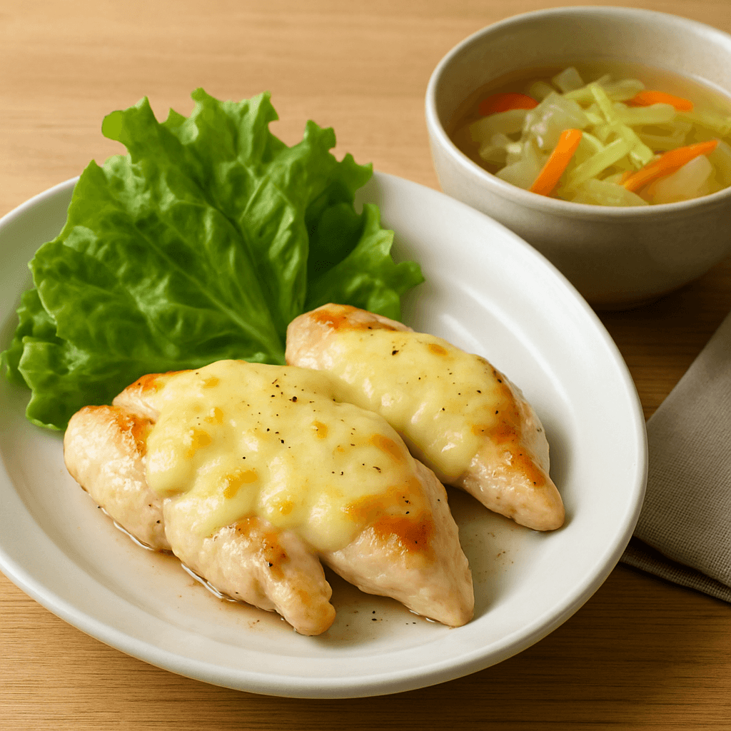 鶏ささみのチーズ焼きと野菜スープ